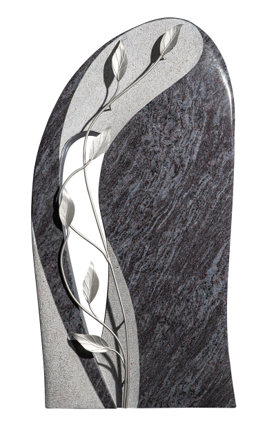 Dunkelgrau marmorierter Grabstein mit silbernem Metall-Schmuck in Form von Zweigen mit Blättern