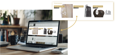 Ein Laptop, auf dessen Bildschirm eine Website mit der Jogerst Steinshop Webkomponente zu sehen ist. Eine Grafik mit Pfeil erklärt, welcher Teil der Seite von Jogerst eingebunden ist.