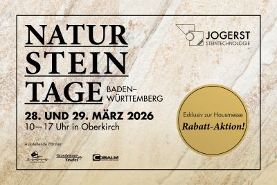 Banner der „Natursteintage Baden-Württemberg“ am 28. und 29. März 2026 (10–17 Uhr) in Oberkirch – Fachmesse für Naturstein & Steintechnologie in Süddeutschland, mit Button „Gleich anmelden“.
