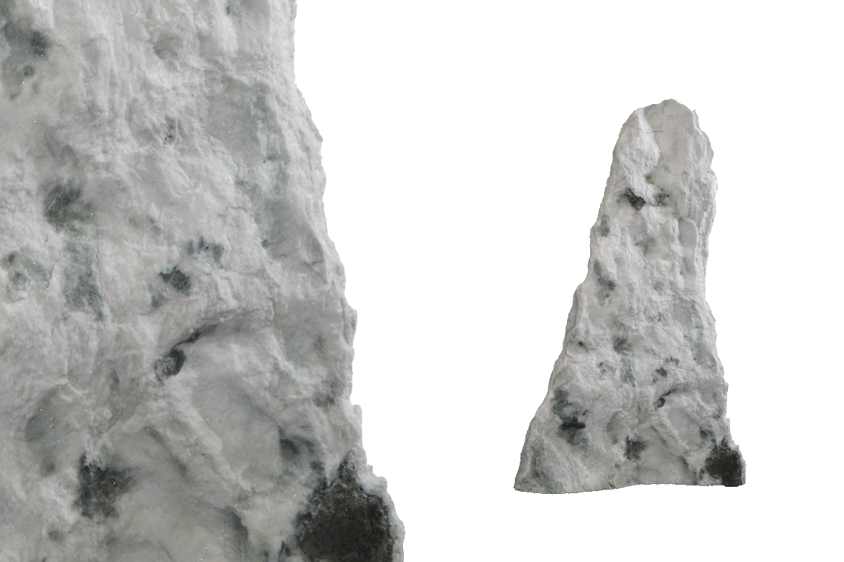 Animiertes GIF mit verschiedenen Praly-Felsen in unterschiedlichen Farbschattierungen und Maserungen von weiß bis grünlich-grau und Text: „Weitere besondere Felsen unter steinshop.jogerst.com“.